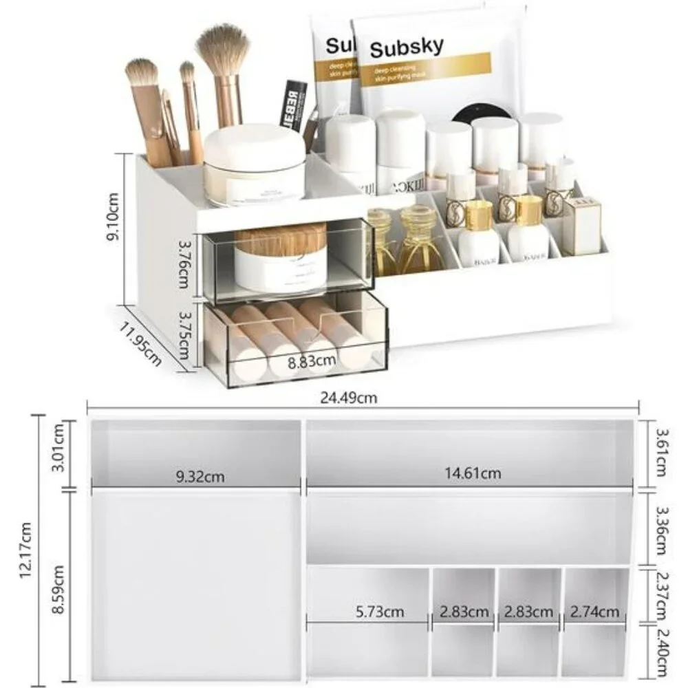 White makeup organizer with drawers countertop storage for vanity bathroom